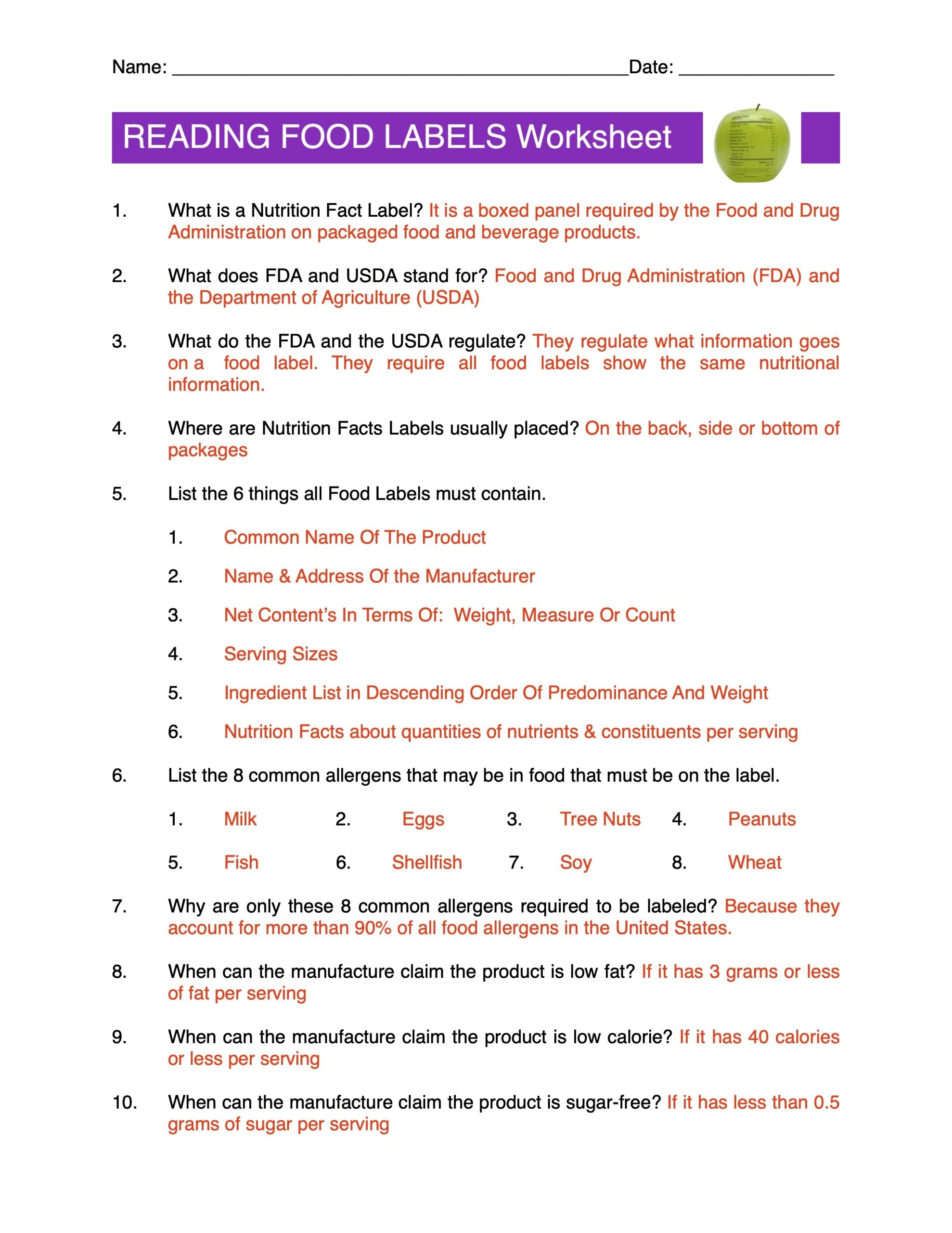 Reading Food Labels Content Sheet Worksheet And Answer Key Made By Teachers
