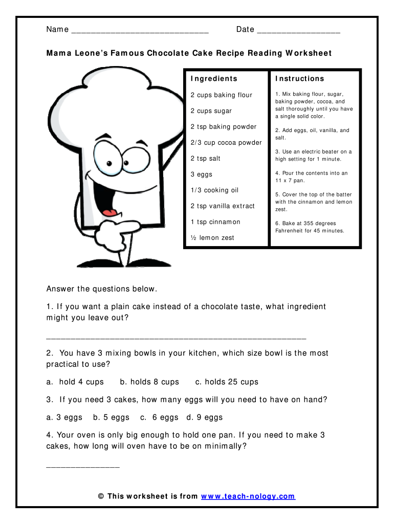 Reading Recipes Worksheets Fill Out Sign Online DocHub