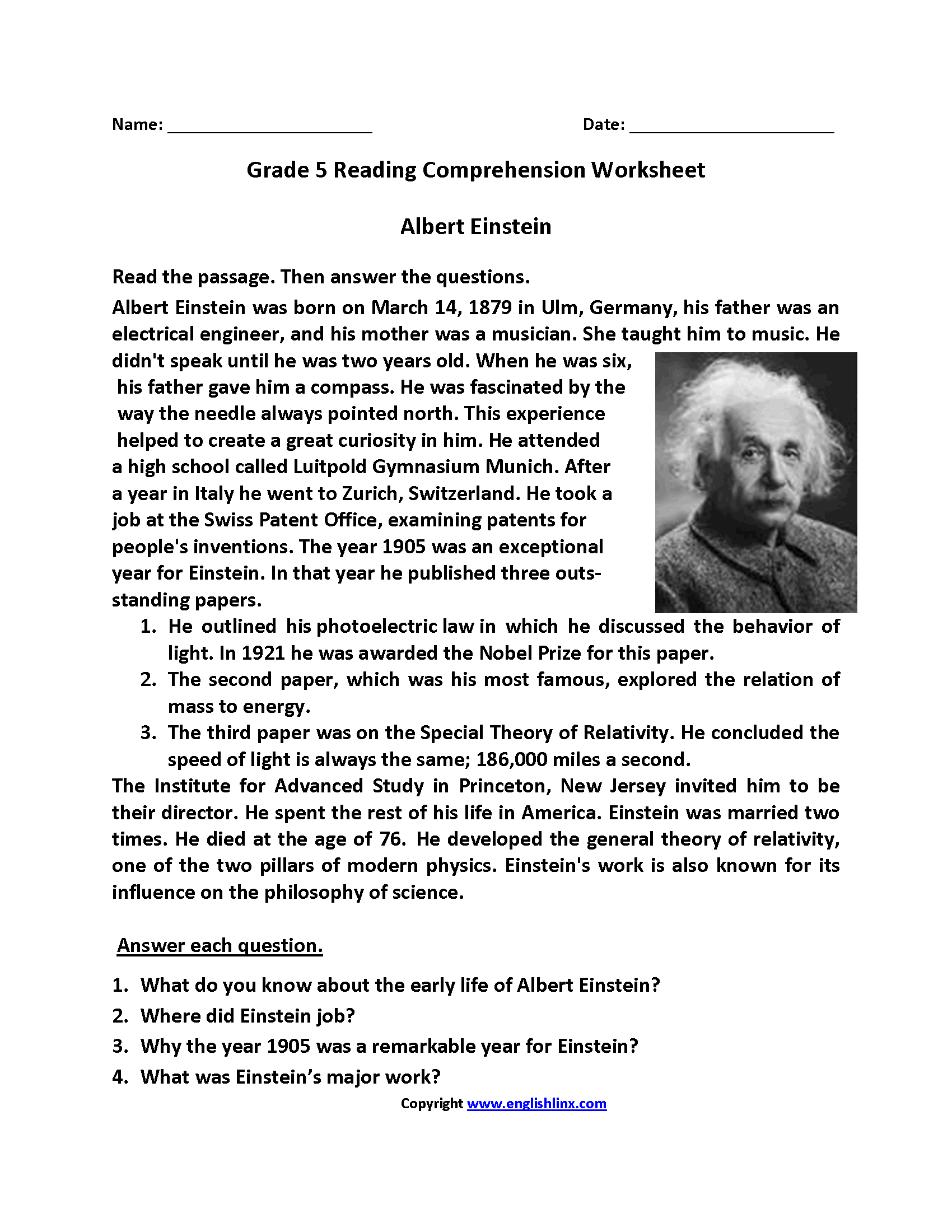 reading worksheets 5th grade