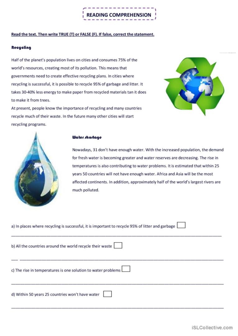 RECYCLING WATER SHORTAGE Readind English ESL Worksheets Pdf Doc