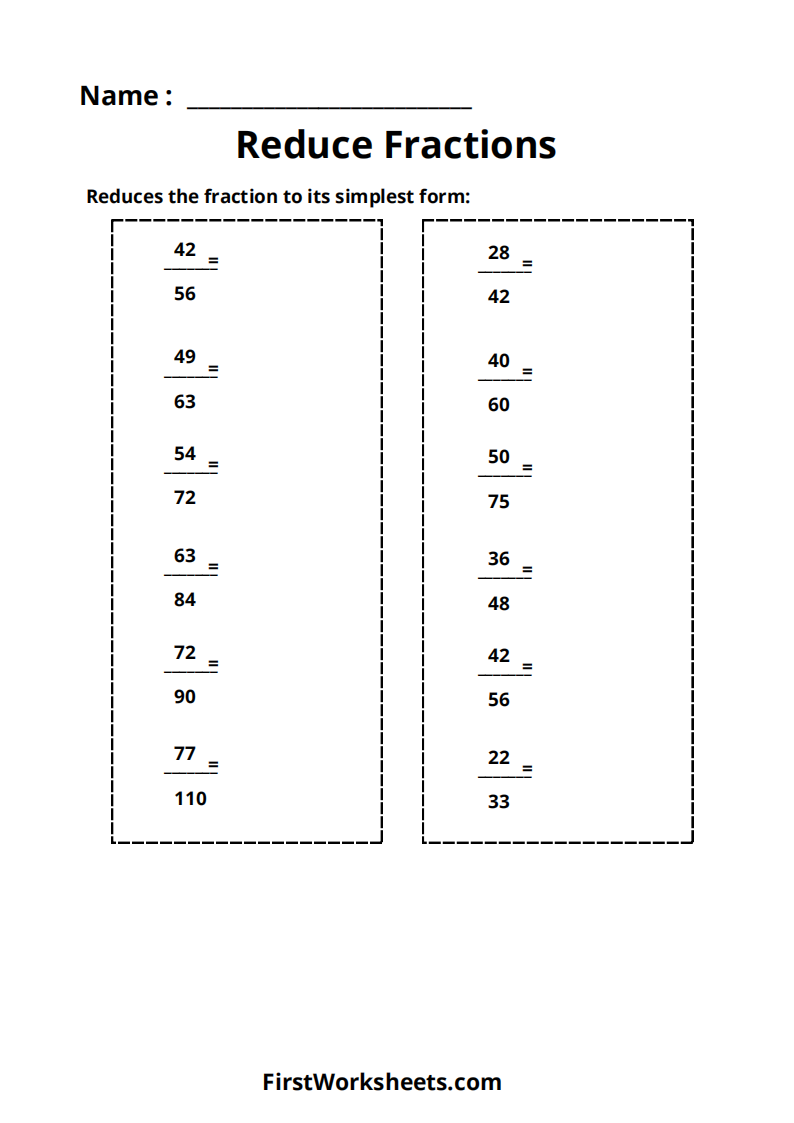 reducing fractions worksheet