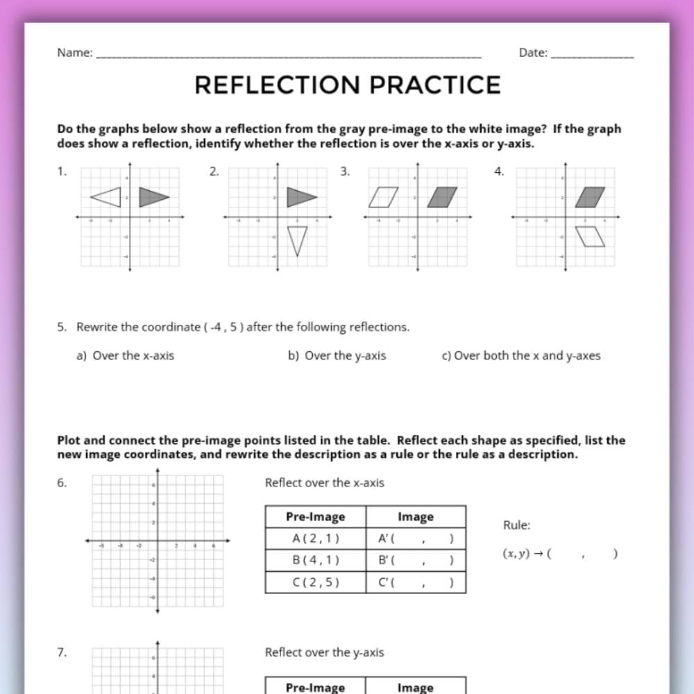 reflections math worksheet