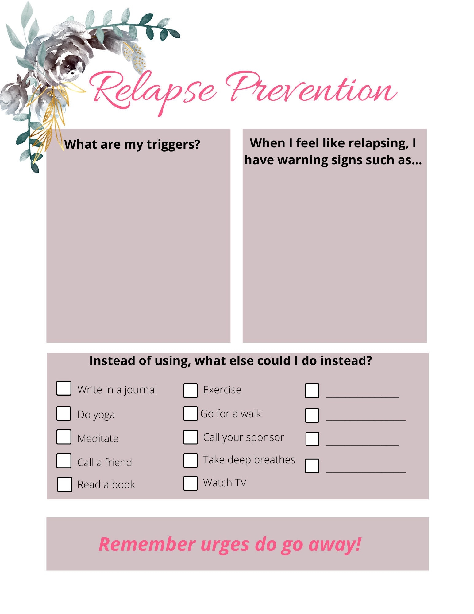 Relapse Prevention Plan Printable Etsy