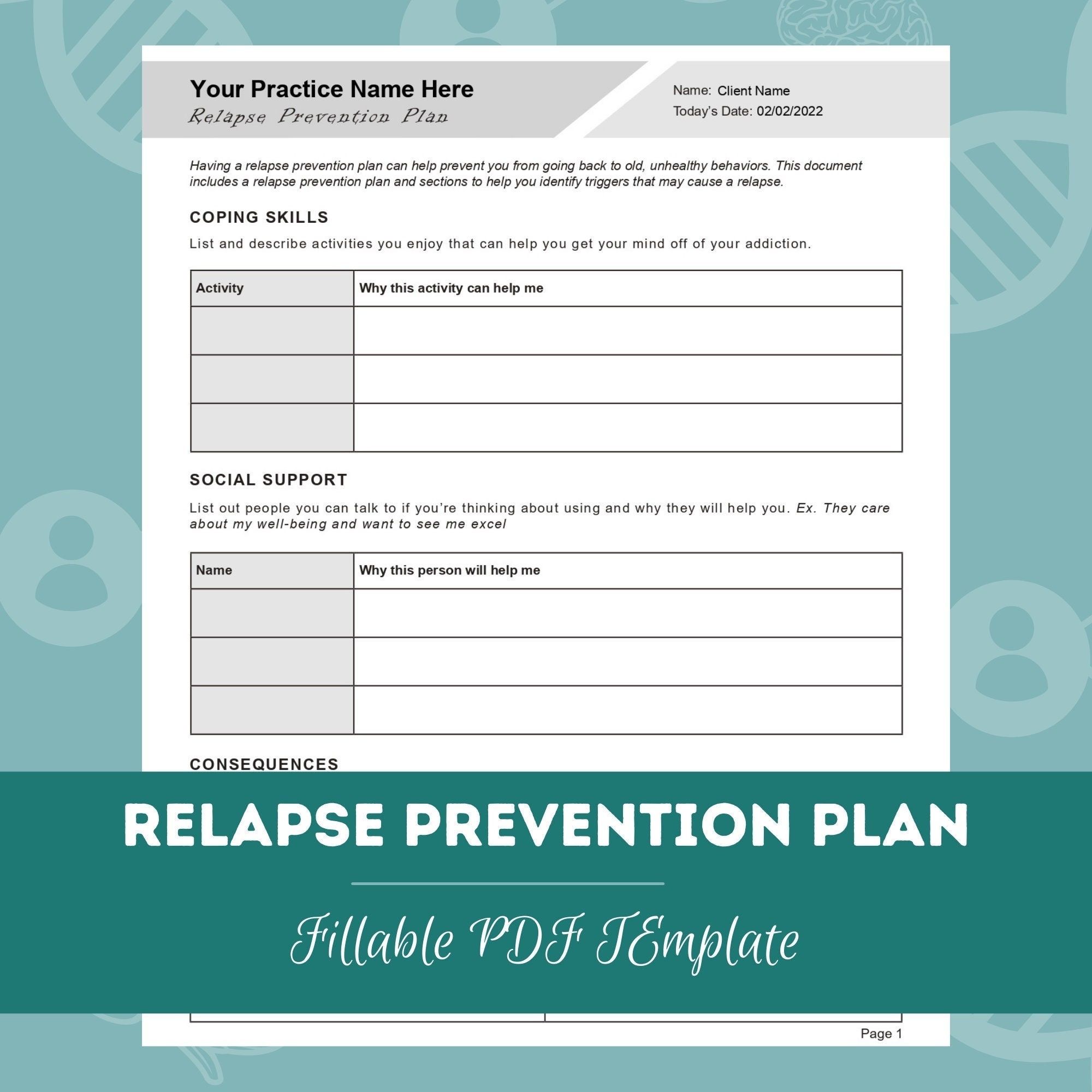 Relapse Prevention Plan Worksheet Editable Fillable PDF For Counselors Psychologists Psychiatrists Social Workers Therapists Etsy
