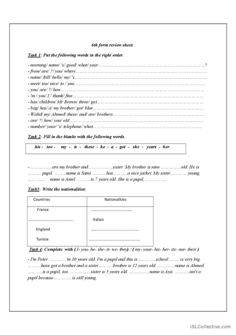 Review Test For The 6th Grade English ESL Worksheets Pdf Doc