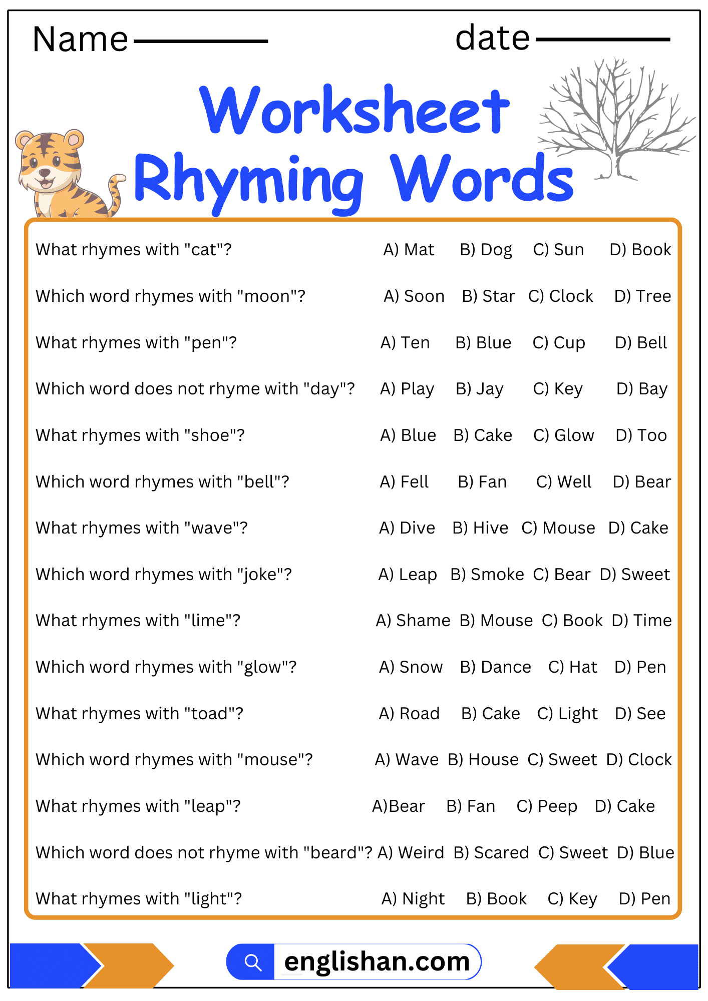 Rhyming Words Worksheet And Exercises With Answers In English Englishan Rhyming Words Worksheet And Exercises With Answers In English Englishan