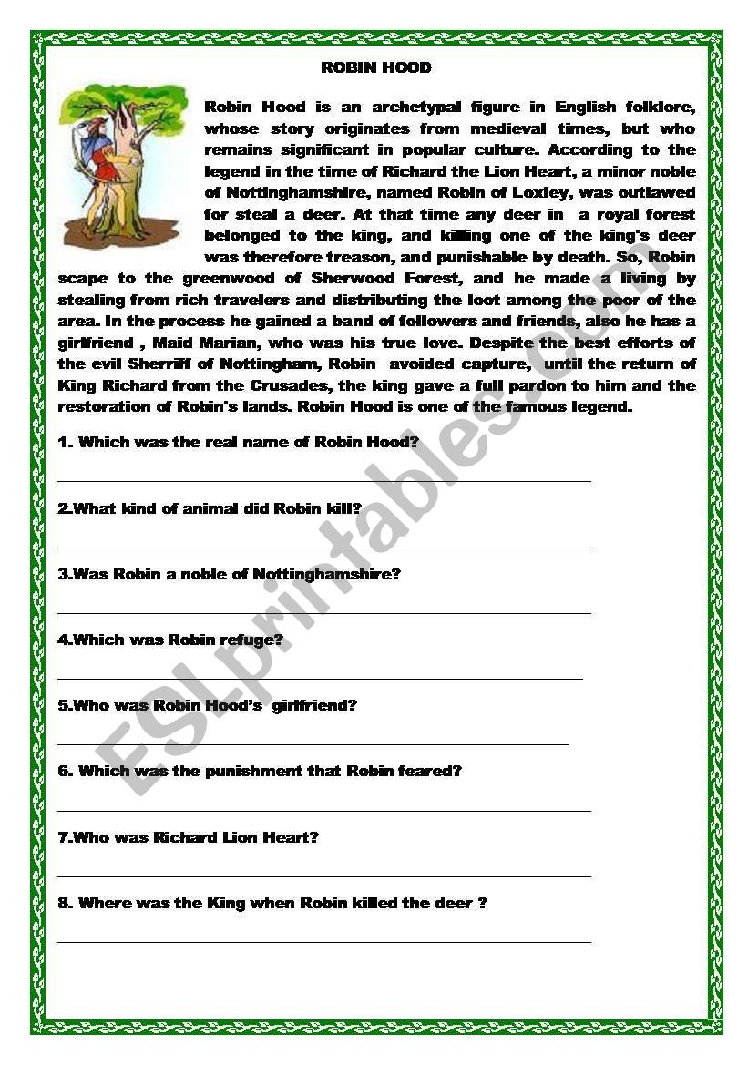 Robin Hood Reading And WH Questions Match ESL Worksheet By Ilona Worksheets Library