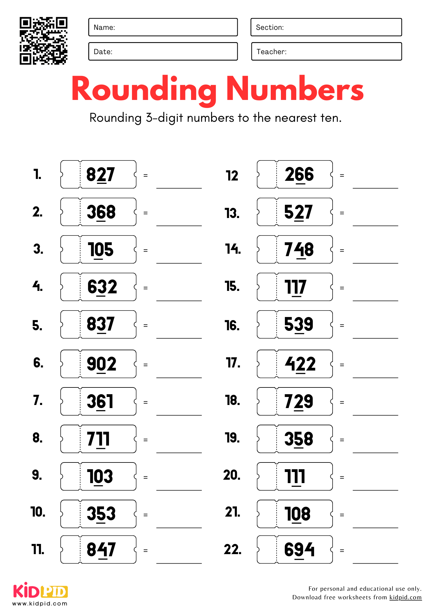 Rounding 3 Digit Numbers To Nearest 10 Worksheets For Grade 2 Kidpid