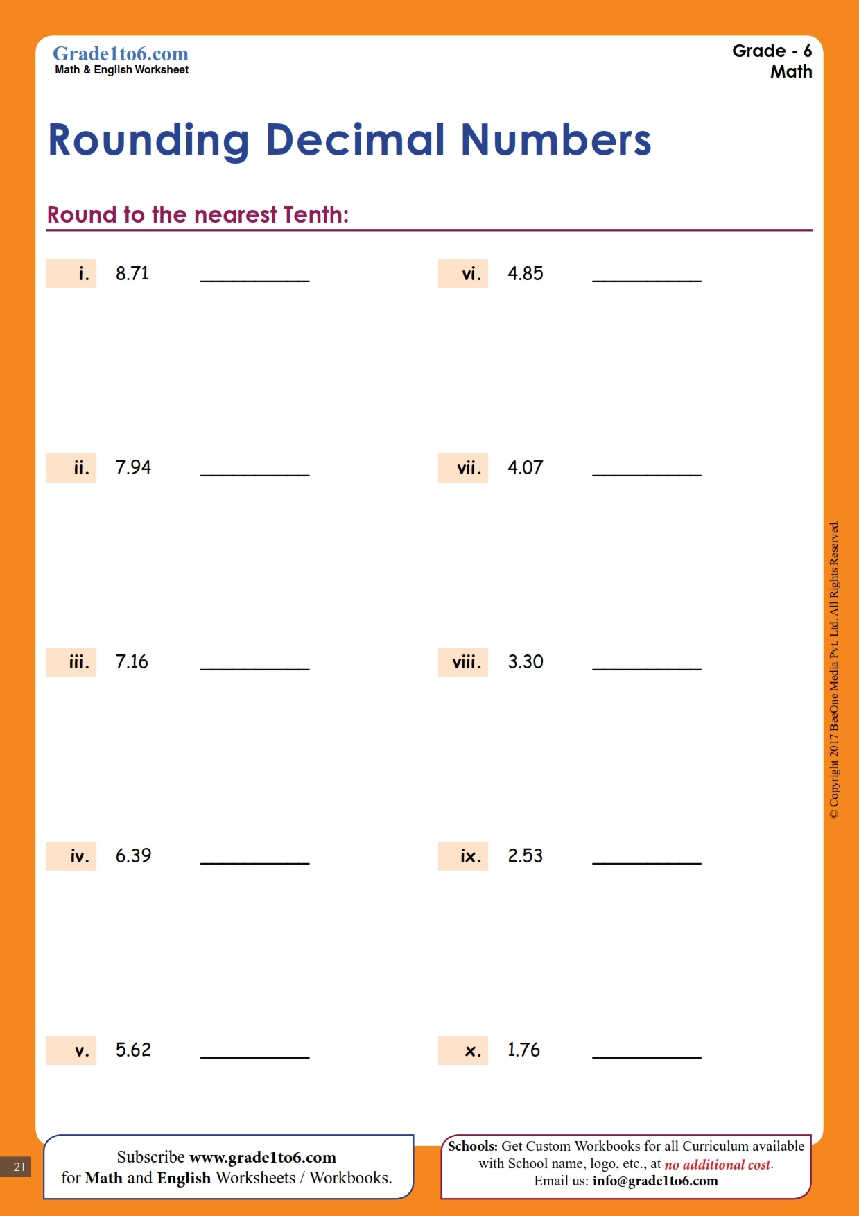 Rounding Decimals Worksheets Grade1to6