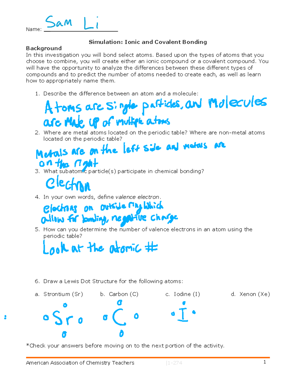 Sam Li Ioniccovalent Bonding Name Simulation Ionic And Studocu