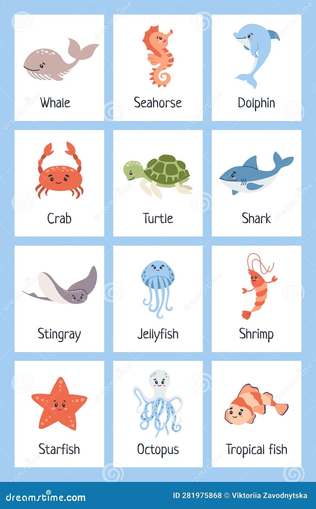 Sea Animal Flashcards Learning Ocean Vocabulary Stock Vector Illustration Of Cute Educational 281975868