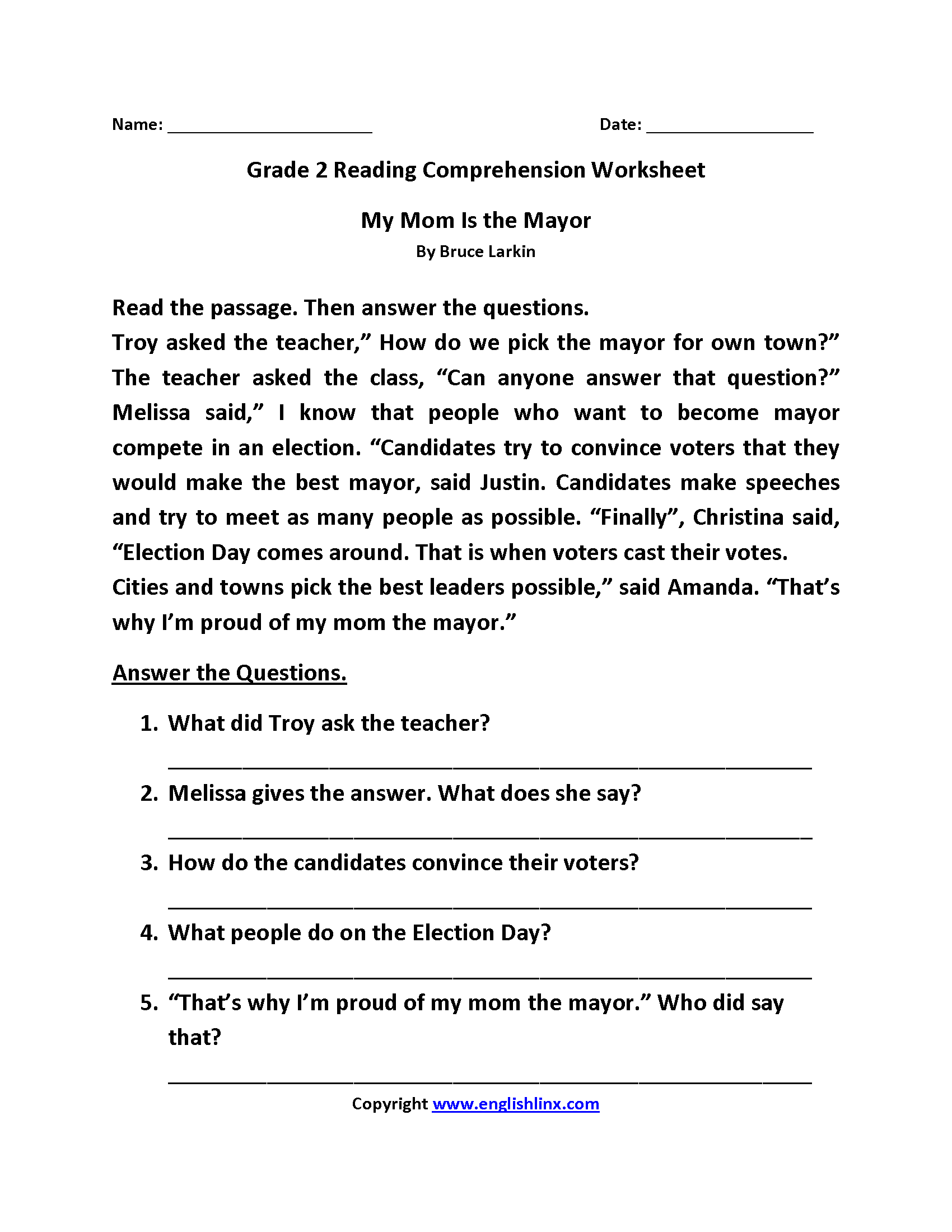 2nd reading comprehension worksheets