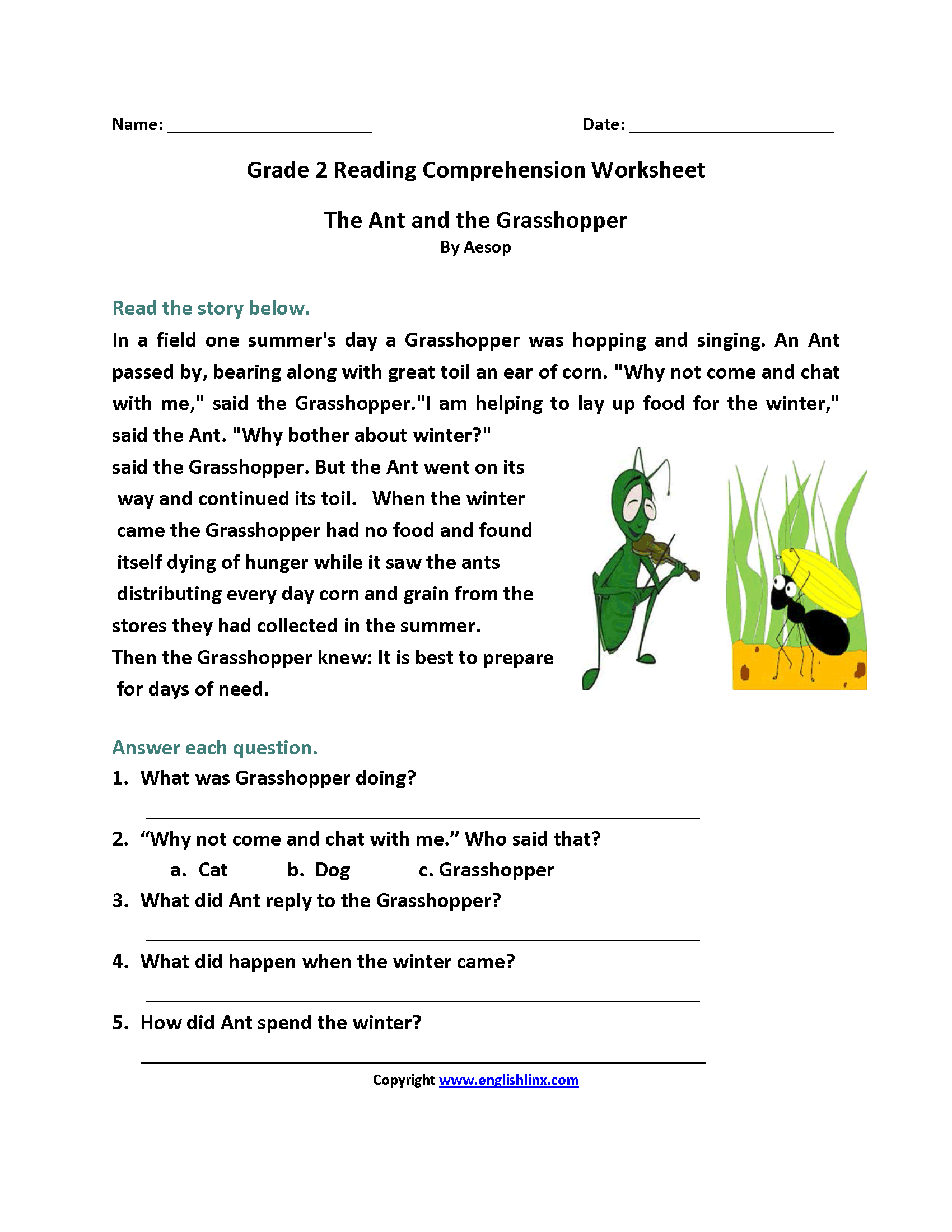 second grade reading comprehension worksheets