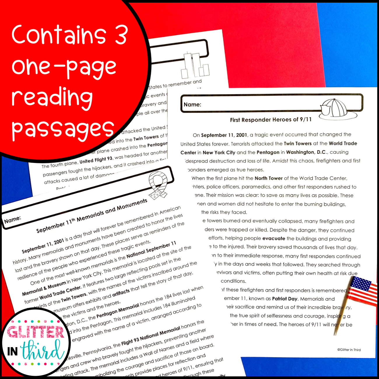 September 11 Patriot Day Reading Comprehension Passages Activities Worksheets Glitter In Third September 11 Patriot Day Reading Comprehension Passages Activities Worksheets Glitter In Third