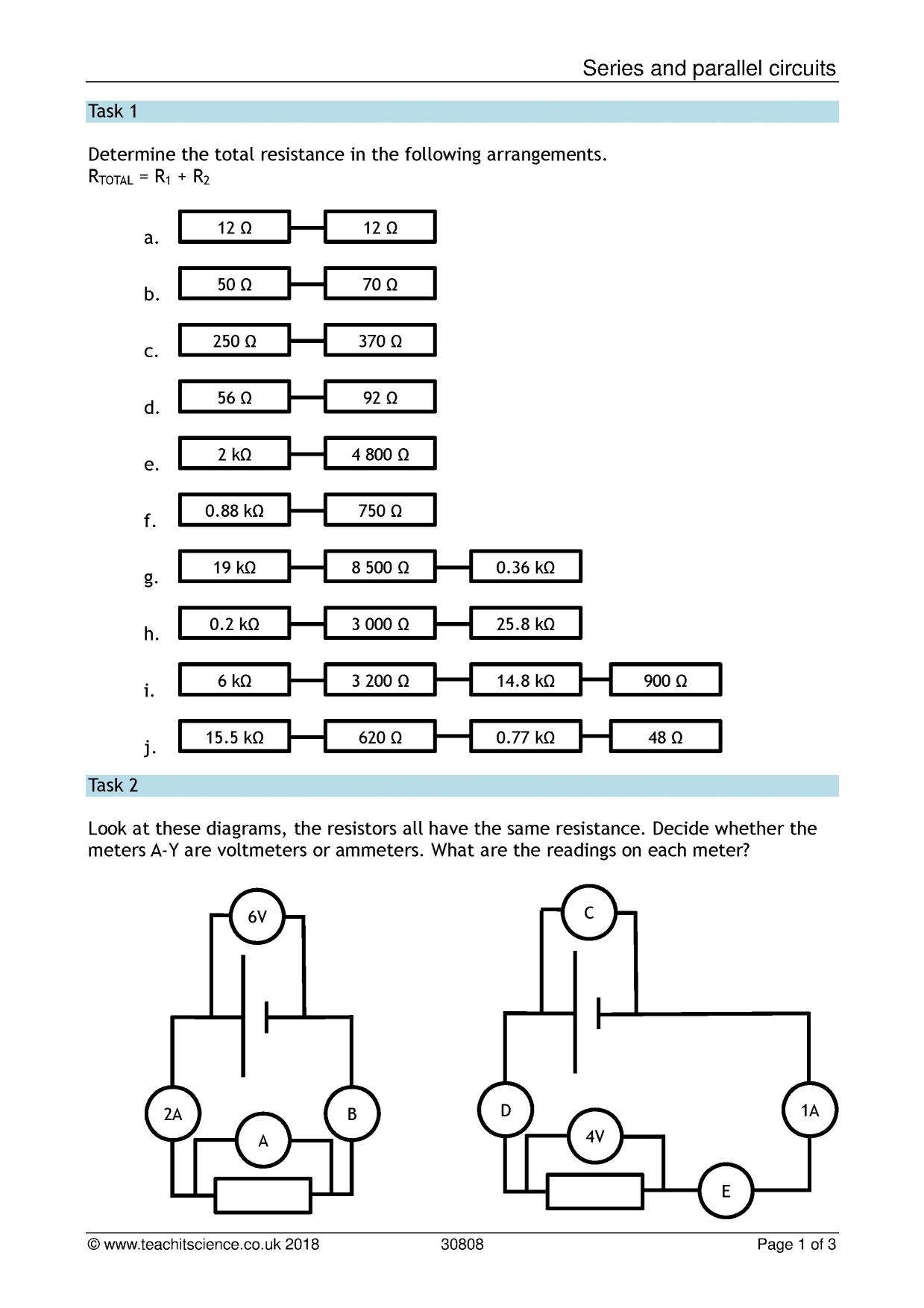 series and parallel circuits worksheet