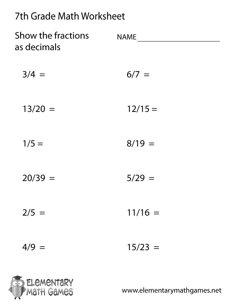 7th grade math worksheet