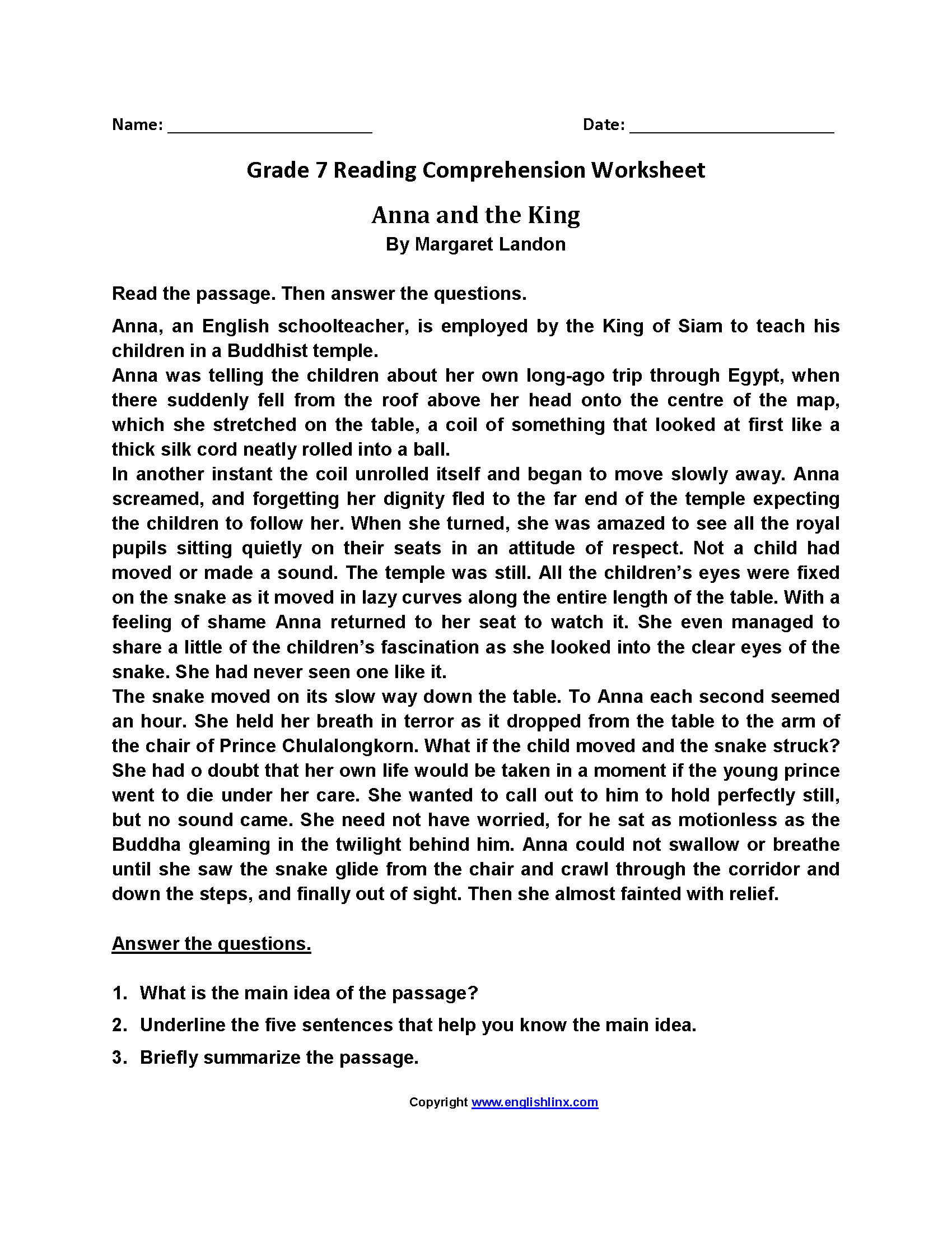 Seventh Grade Reading Worksheets Vocabulary Fluency Practice