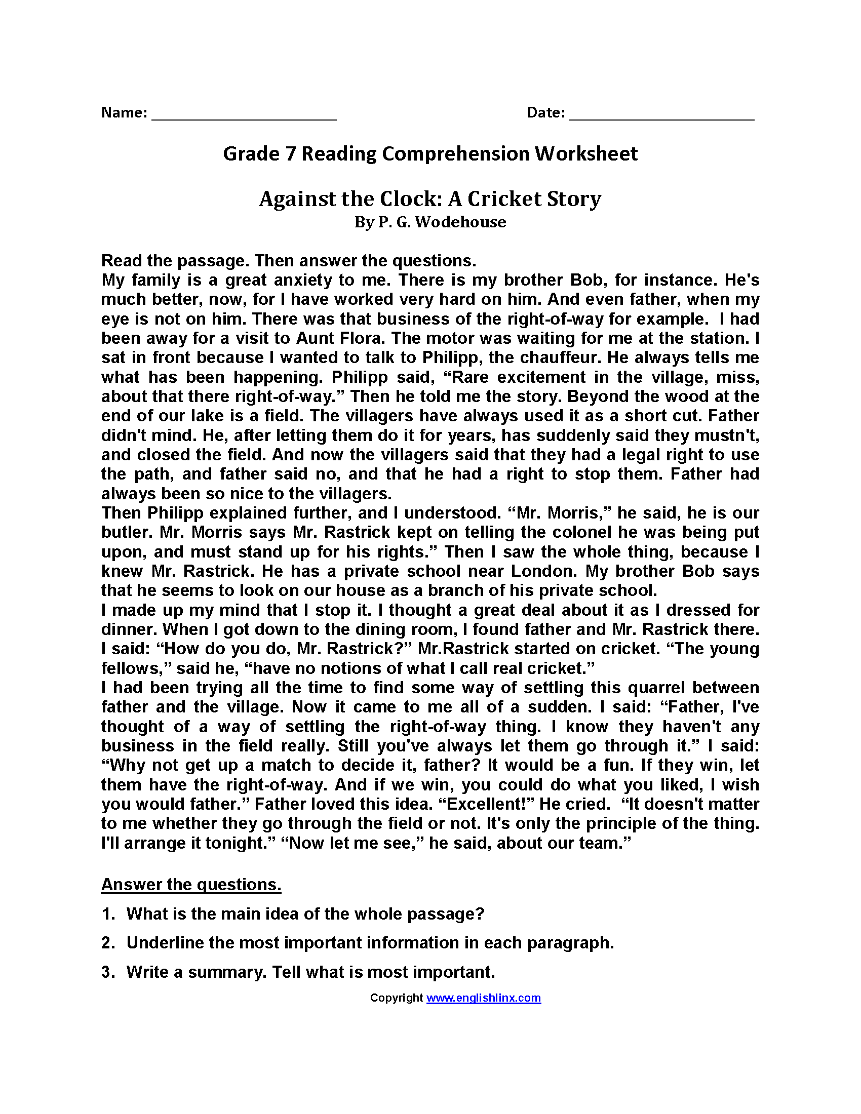 Seventh Grade Reading Worksheets Vocabulary Fluency Practice
