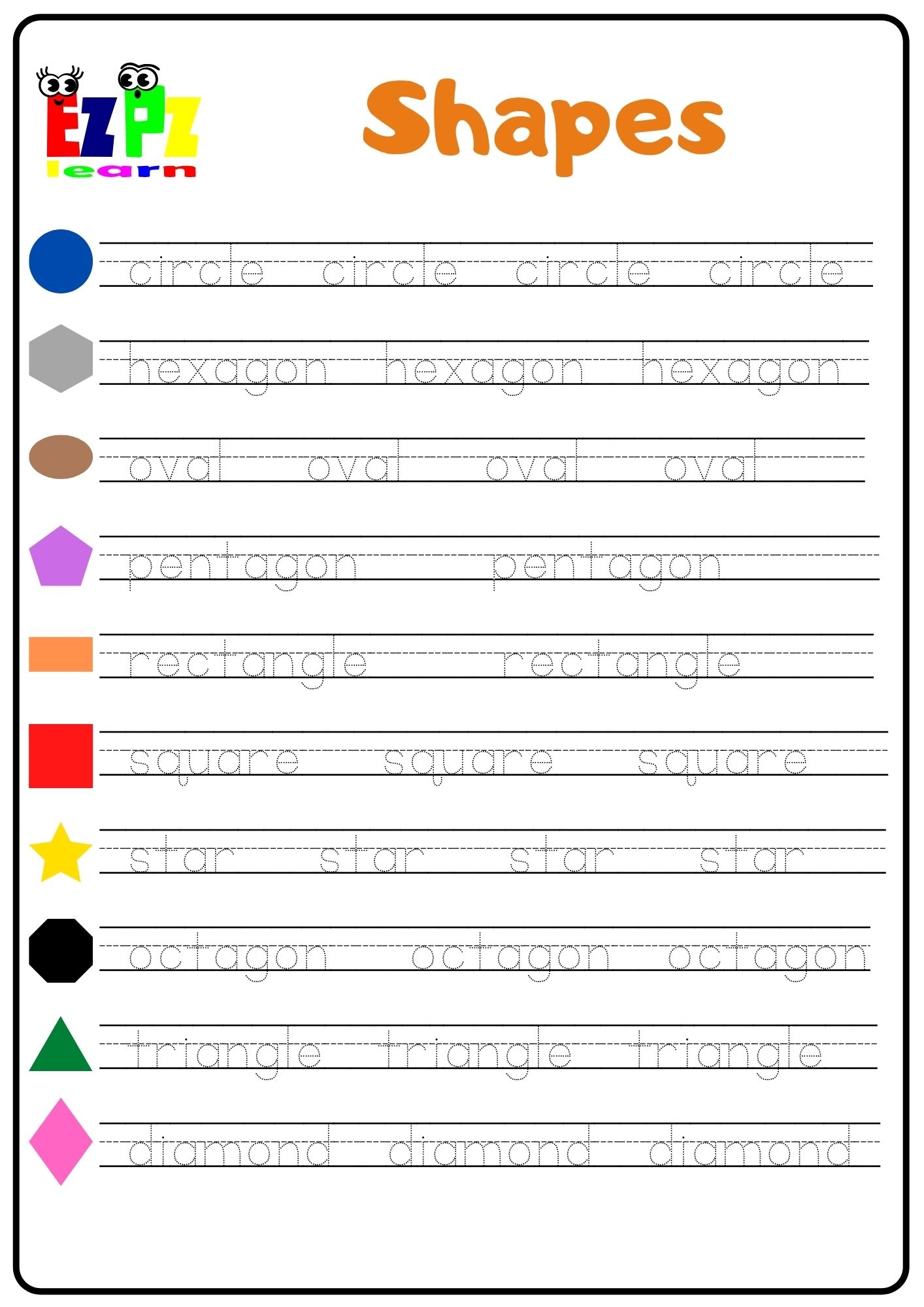 Shapes Word Tracing Worksheet Ezpzlearn