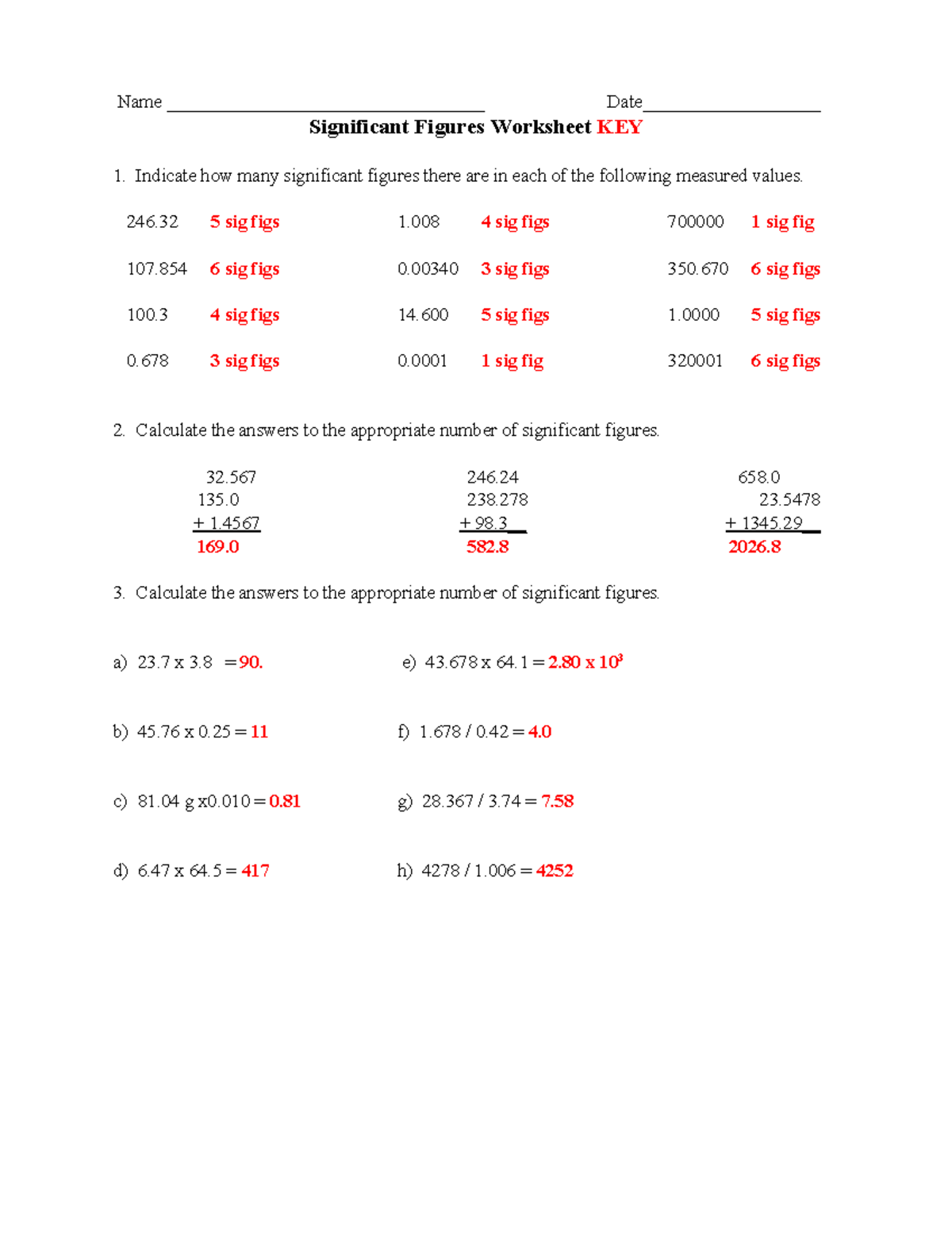 Sig Fg Wrksht KEY Answer Key For Practice Significant Figures Worksheet Prof Simonyan Name Studocu
