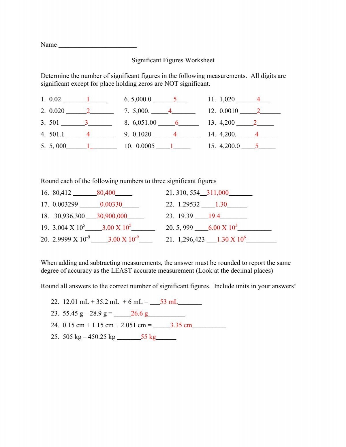 Significant Figures Worksheet Determine The Number Of Library