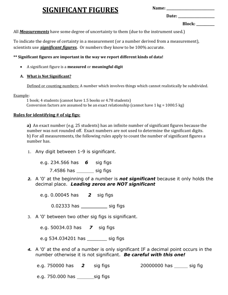 Significant Figures Worksheet Practice Rules