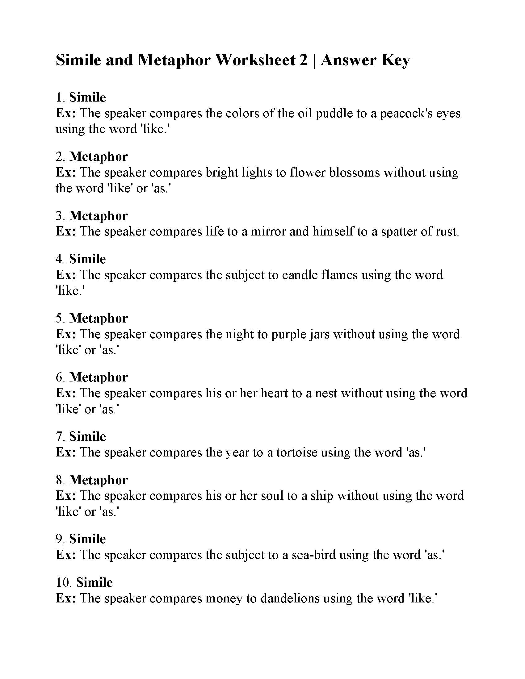Simile And Metaphor Worksheet 2 Figurative Language Activity Simile And Metaphor Worksheet 2 Figurative Language Activity
