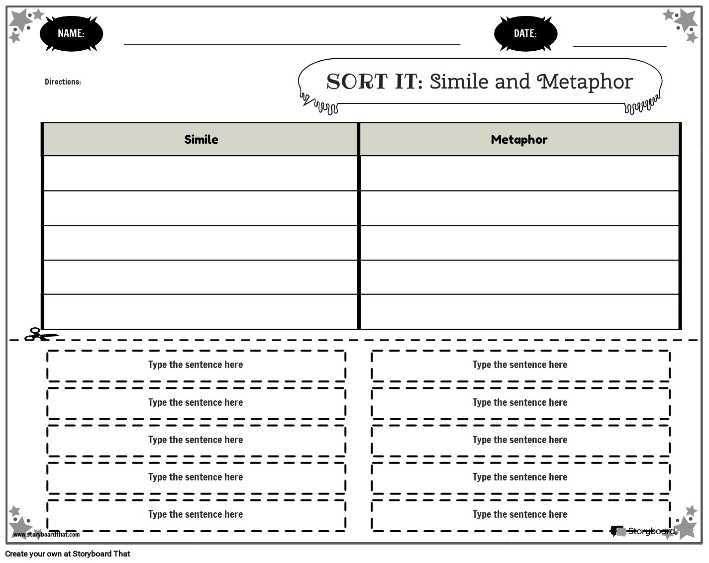 Simile And Metaphor Worksheets Create With Storyboard That