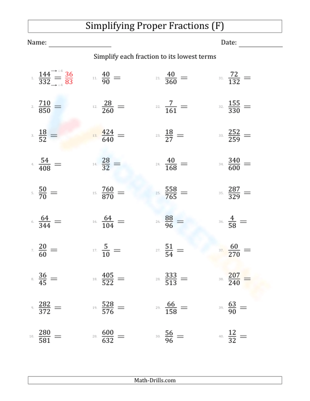 Simplify Fractions hard 6 Worksheet