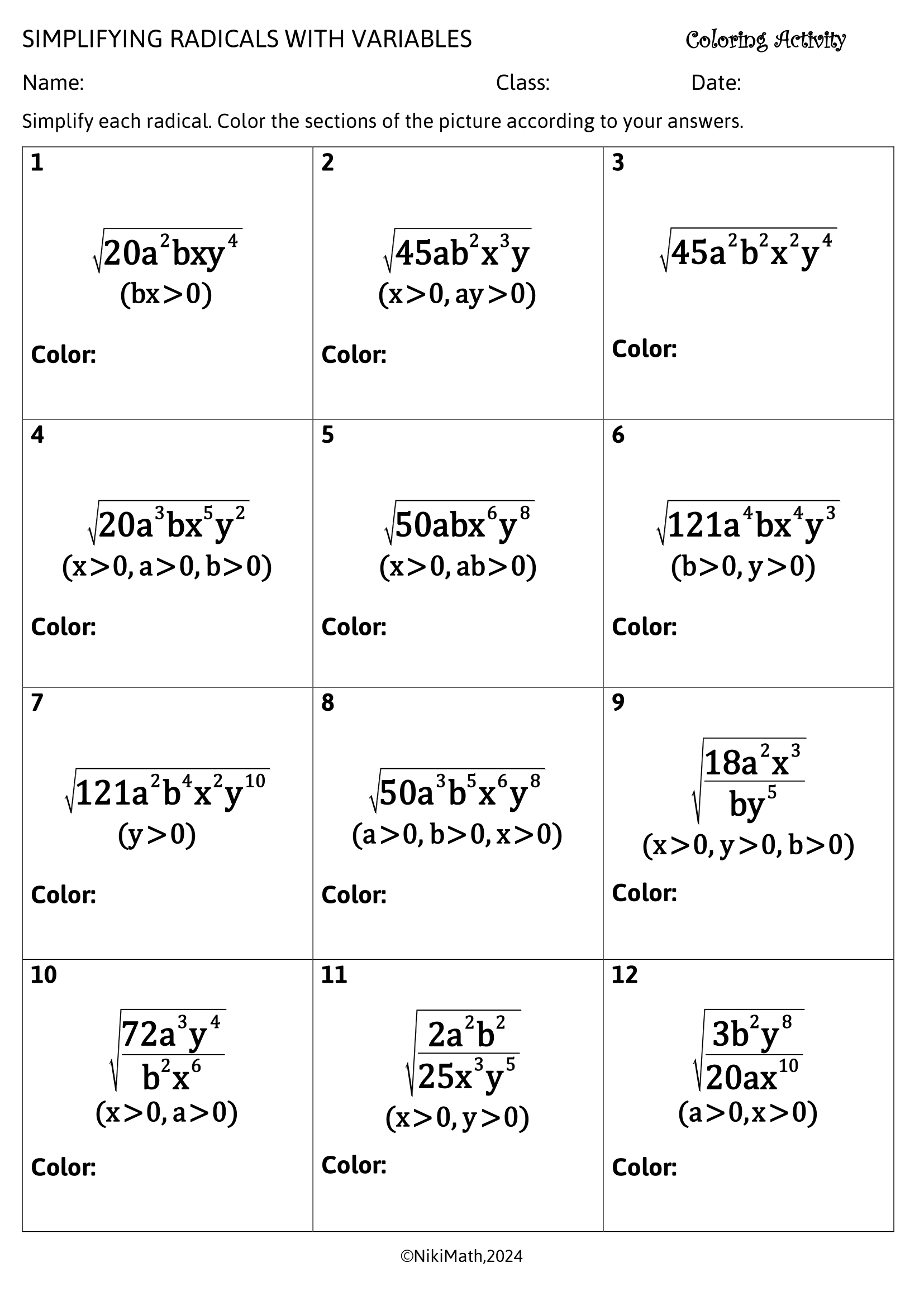 simplifying radicals worksheet