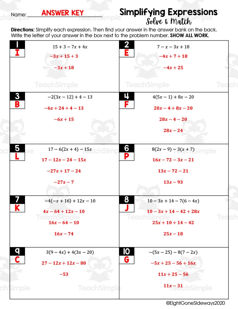 Simplifying Expressions Solve Match Worksheet By Teach Simple