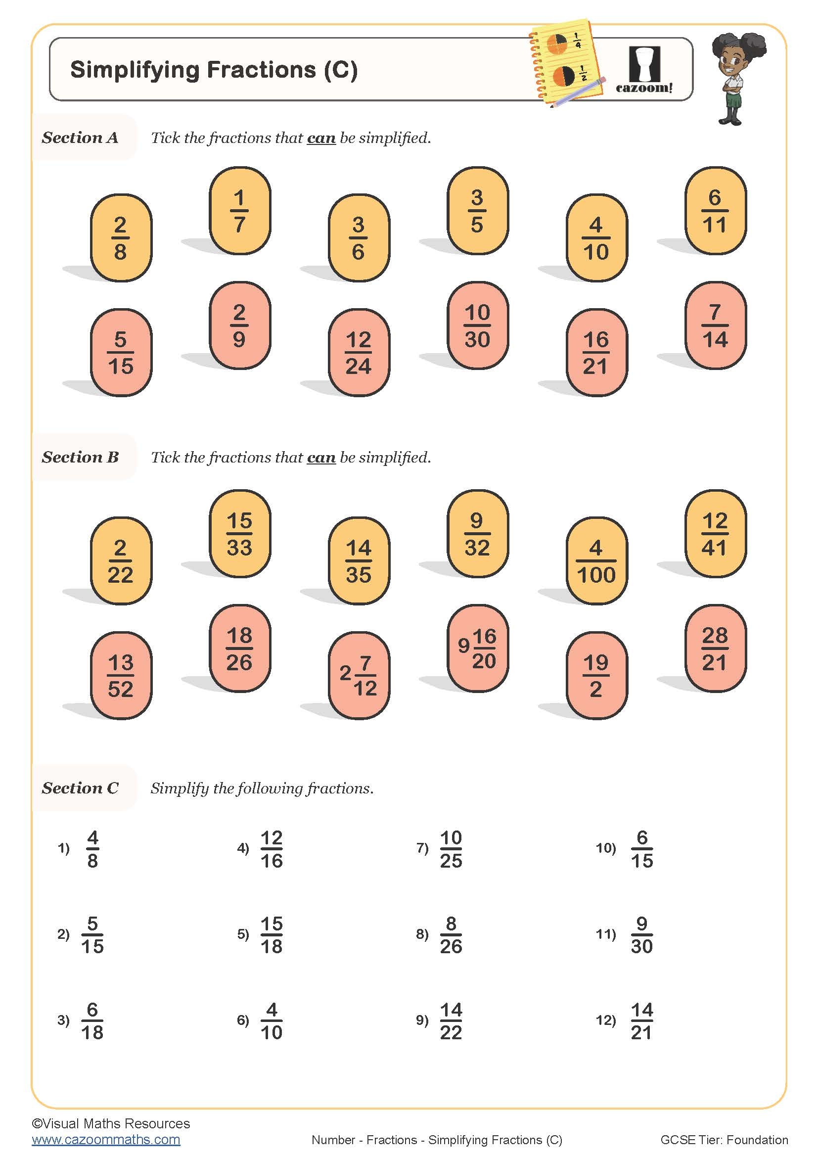 Simplifying Fractions C Worksheet Cazoom Maths Worksheets