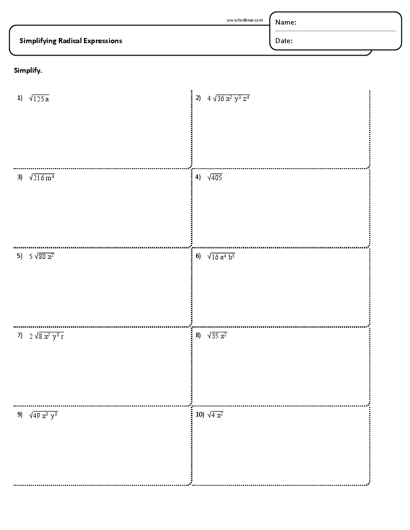 Simplifying Radical Expressions Worksheets