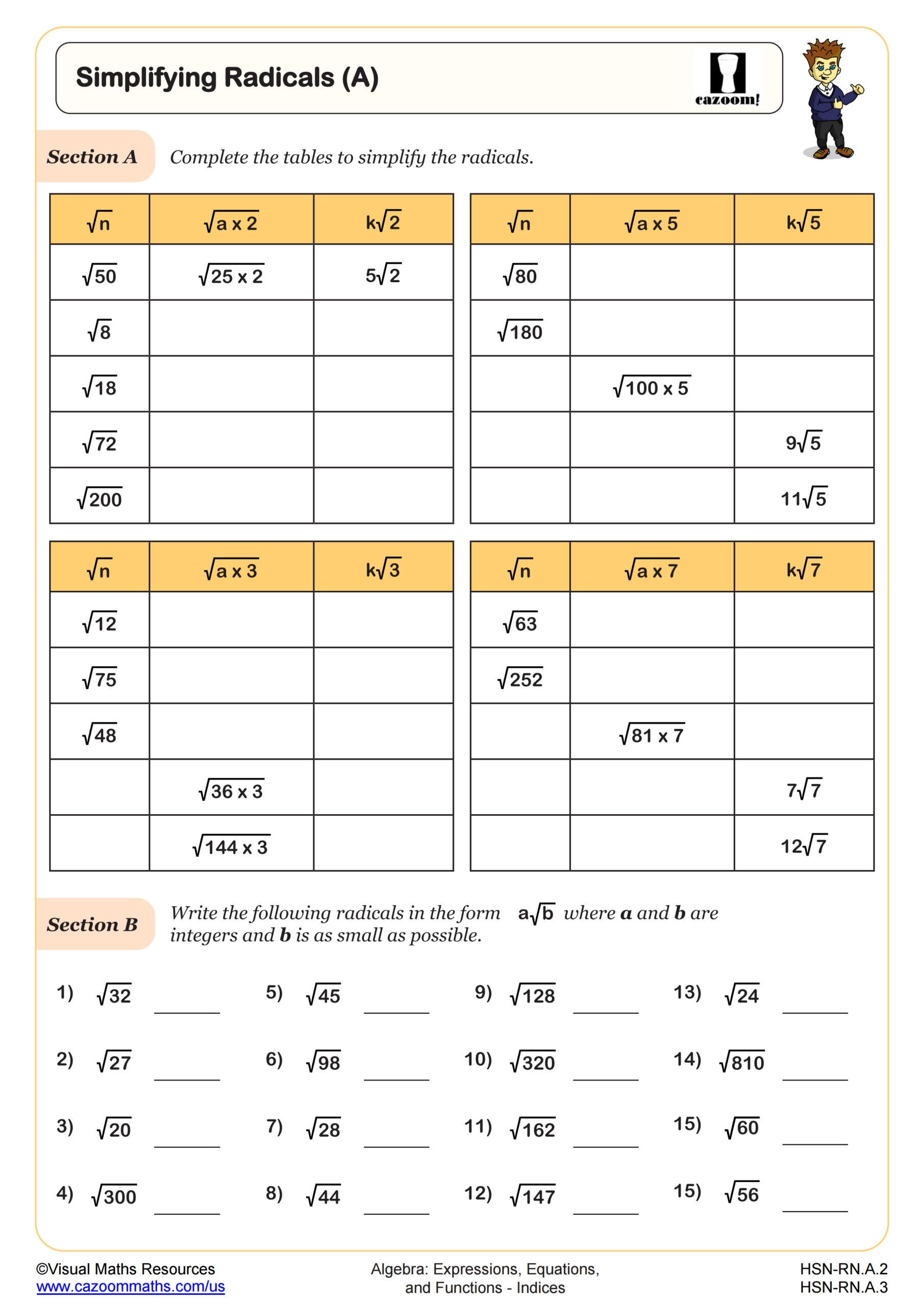 Simplifying Radicals A Worksheet PDF Printable Algebra Worksheet Cazoom Math