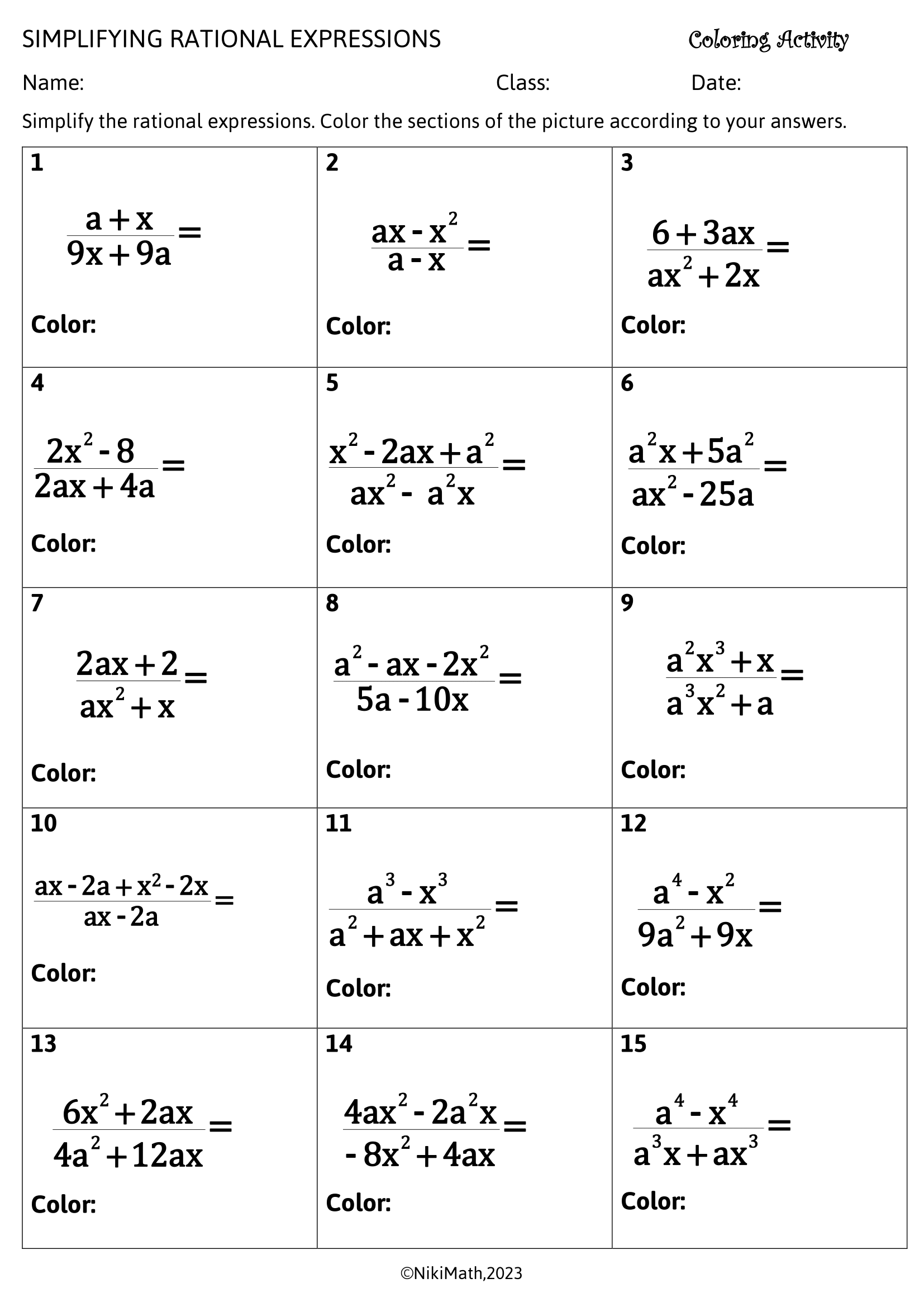 Simplifying Rational Expressions Coloring Activity Teacher Professional Development
