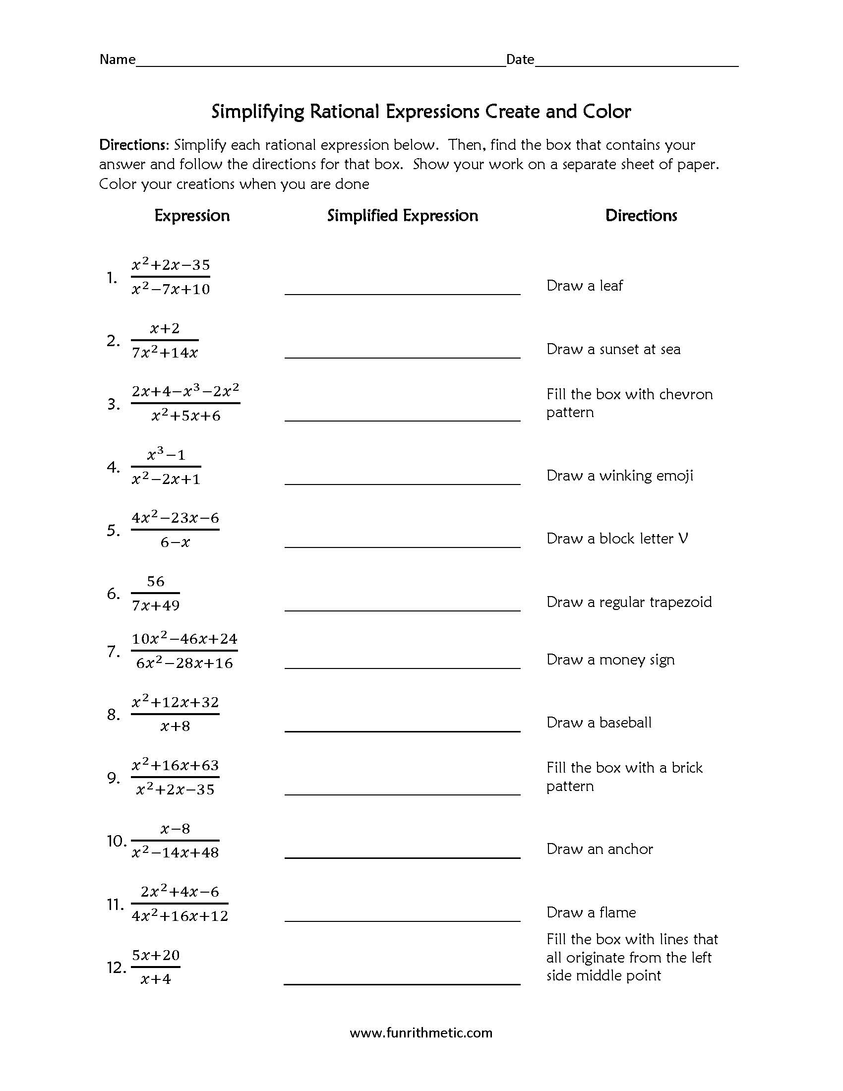 Simplifying Rational Expressions Create And Color Funrithmetic