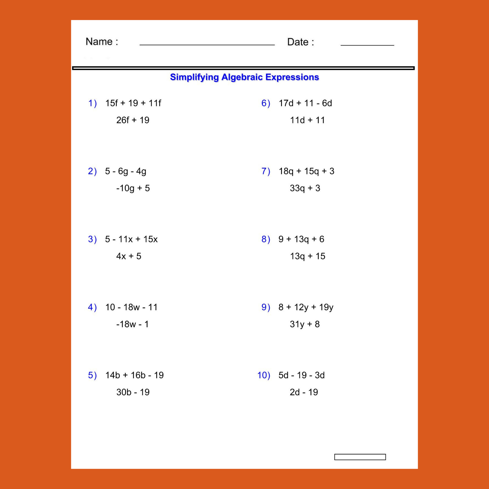 Simplifying Variables Worksheets Addition And Subtraction Algebraic Expression Made By Teachers