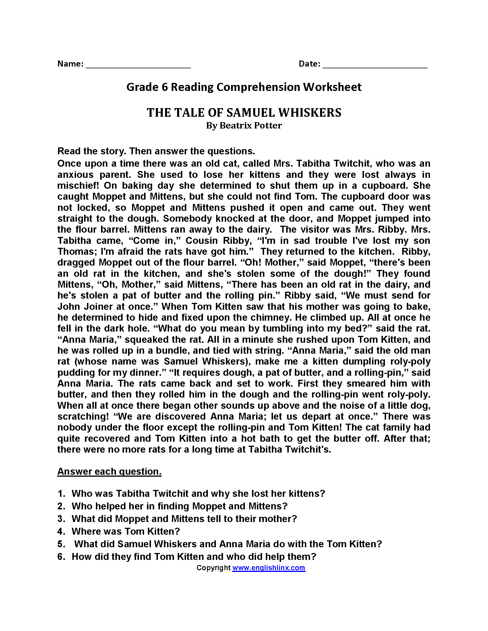 Sixth Grade Reading Worksheets Vocabulary Fluency Practice PDF 