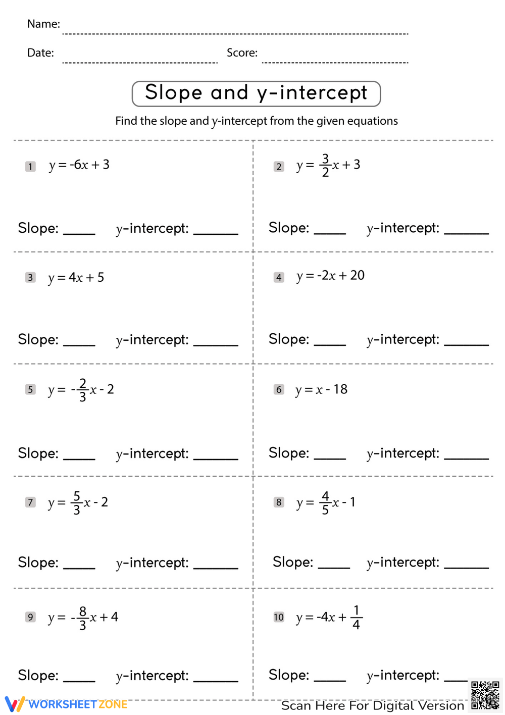 Slope Intercept Form Worksheets