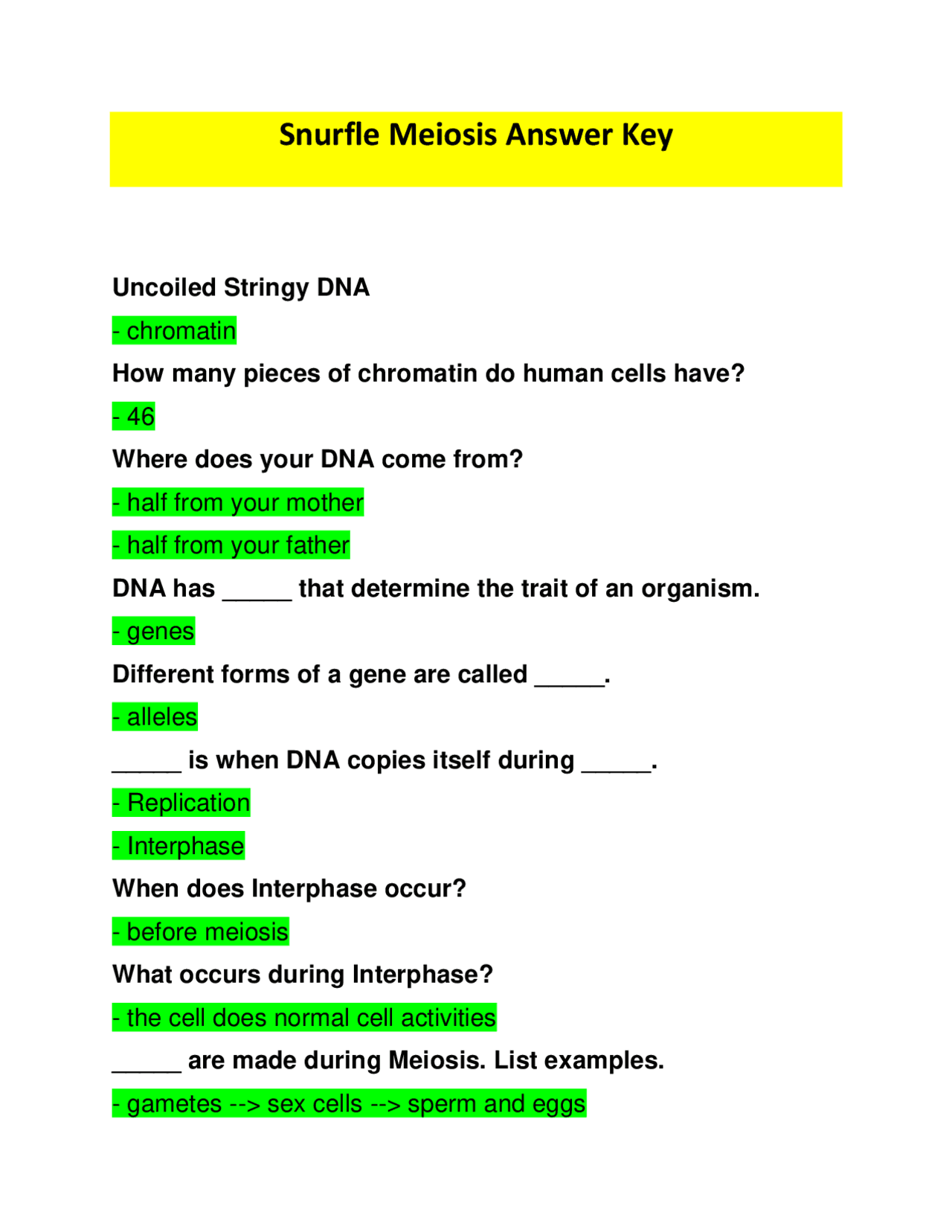 Snurfle Meiosis Answers Key Exams Environmental Science Docsity