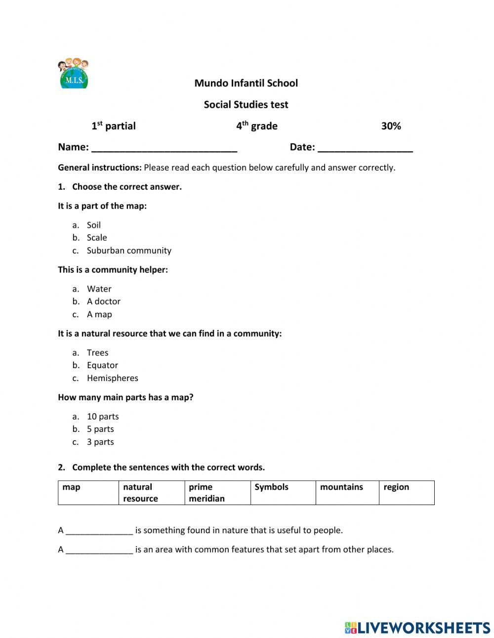SOCIAL STUDIES TEST 1ST PARTIAL 4TH GRADE Worksheet Live Worksheets Library SOCIAL STUDIES TEST 1ST PARTIAL 4TH GRADE Worksheet Live Worksheets Library
