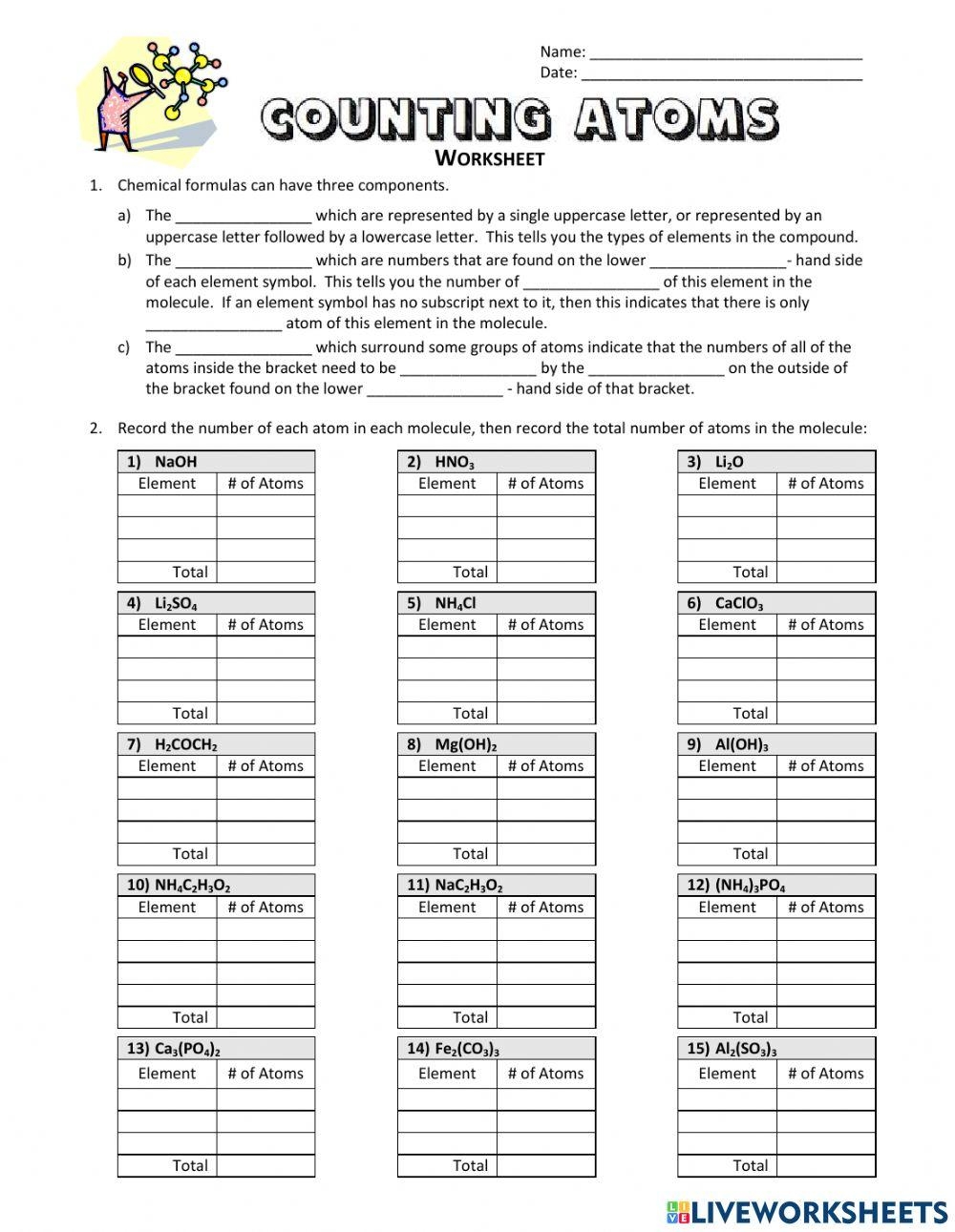 SOLUTION CHEMISTRY COUNTING ATOMS IN COMPOUNDS WORKSHEET 7 8 1 Worksheets Library