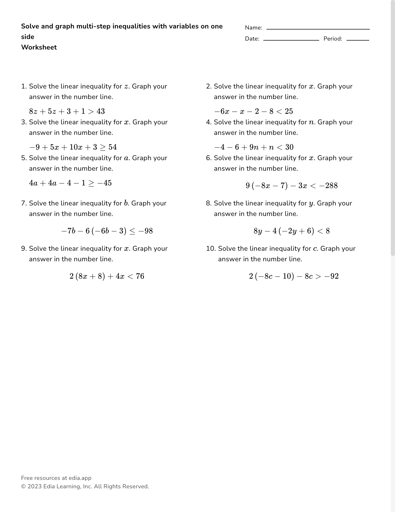 Solve And Graph Multi step Inequalities With Variables On One Side Worksheet