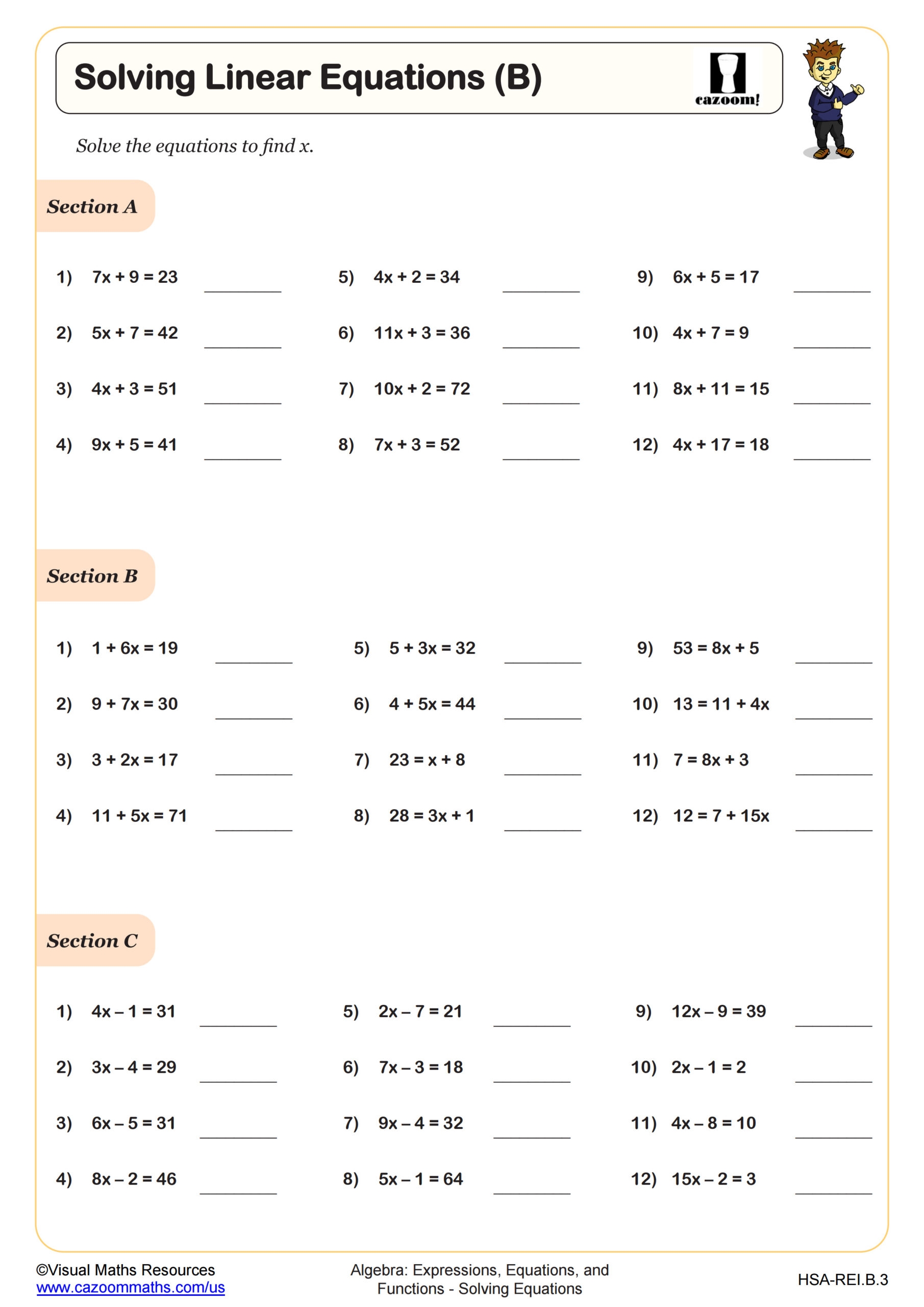 Solving Equations 15 Minute Challenge Worksheet PDF Printable Algebra Worksheet Cazoom Math