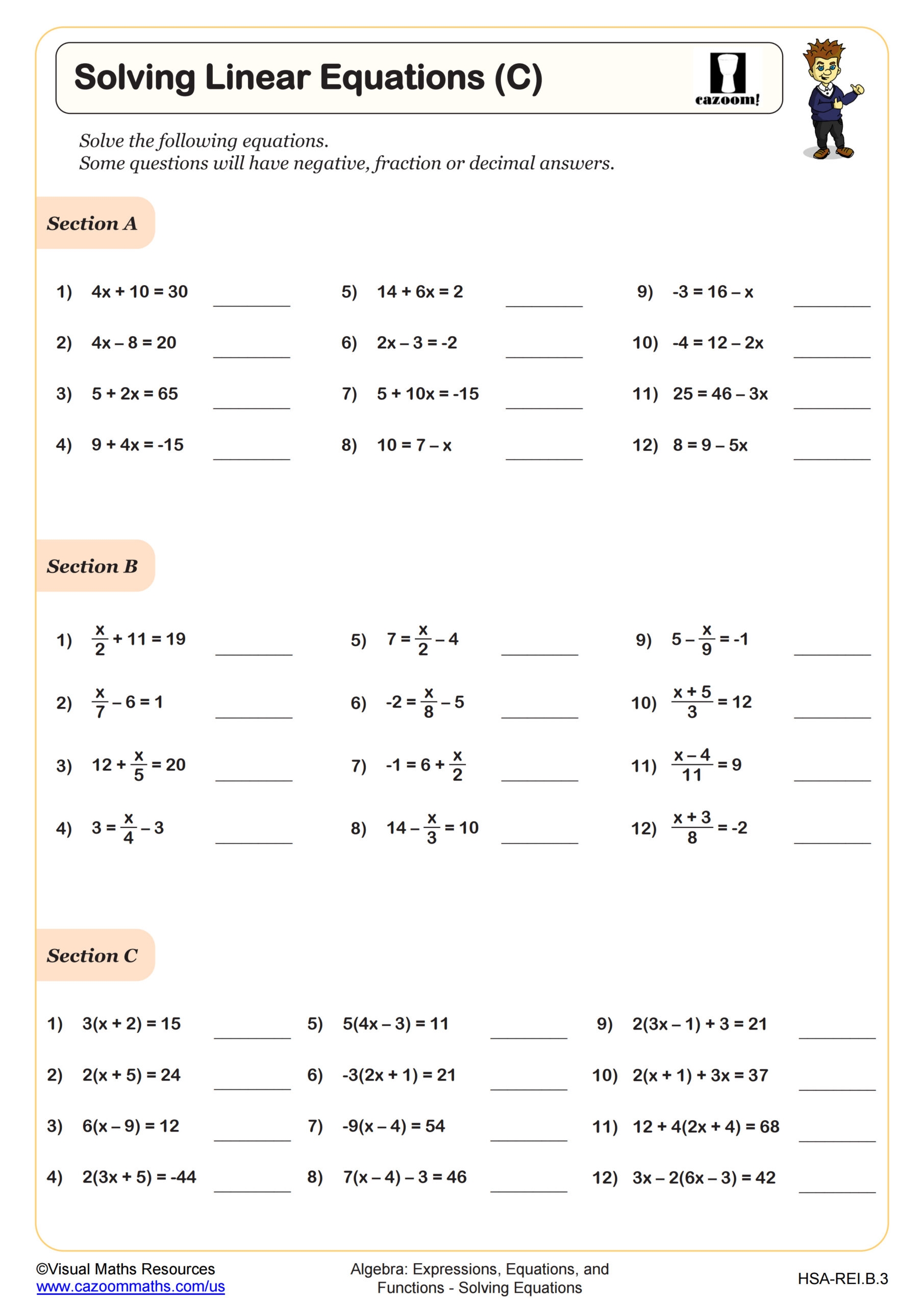 Solving Equations Involving Fractions Worksheet Fun And Engaging 6th Grade And 8th Grade Algebra EEF Worksheet Cazoom Math