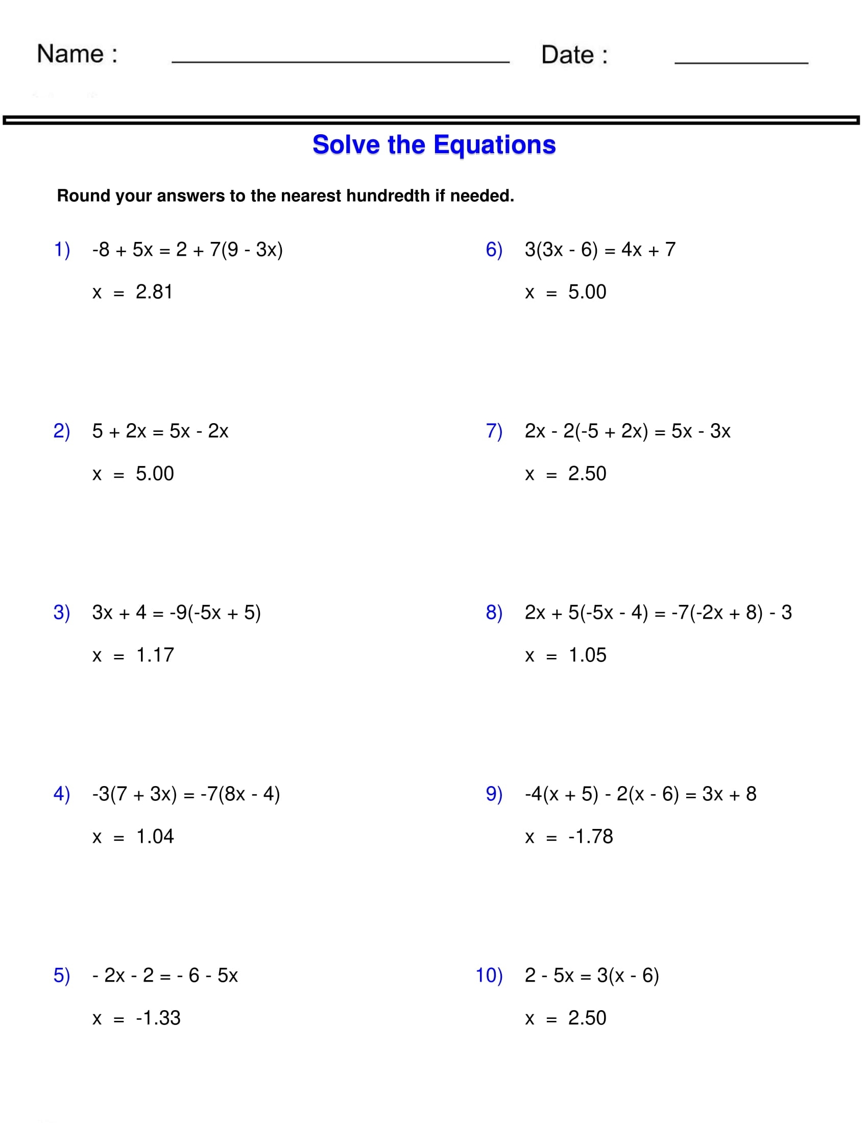 Solving Equations With Variables On Both Sides Worksheet Made By Teachers