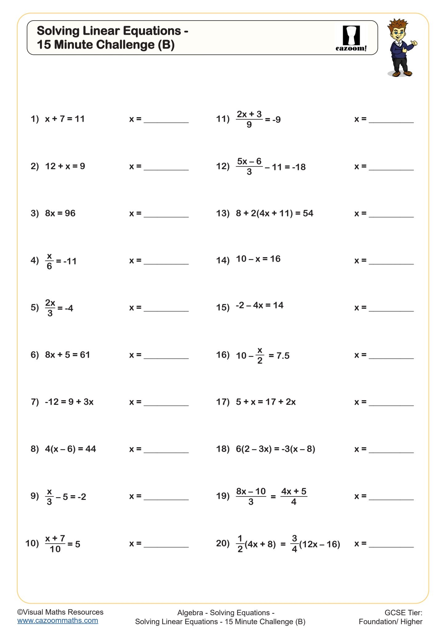 Solving Equations Worksheets Solving Linear Equations Worksheets Printable Solving Quadratic Equations Worksheets Cazoom Maths