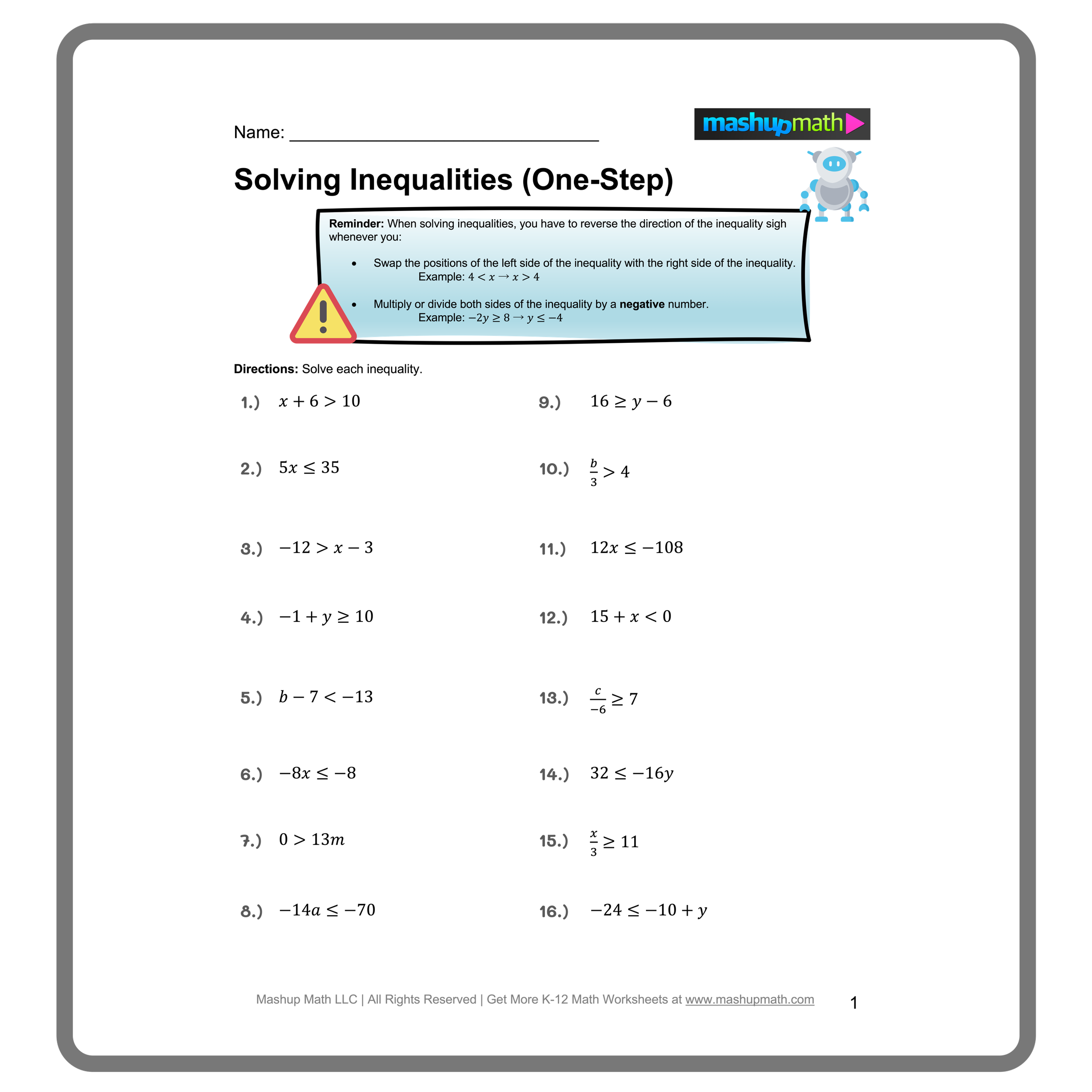 solving two step inequalities worksheet