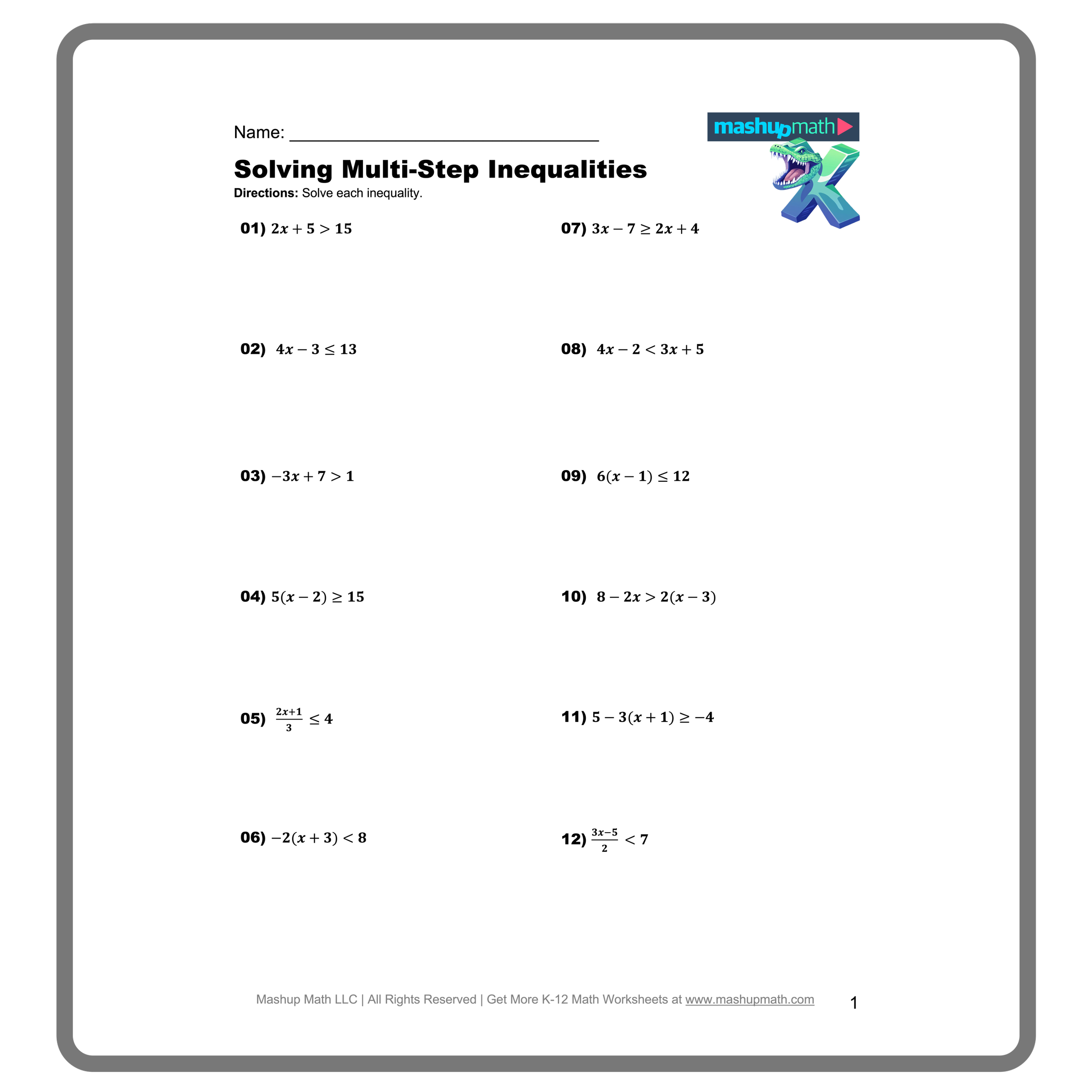 Solving Inequalities Worksheets Printable With Answers Mashup Math
