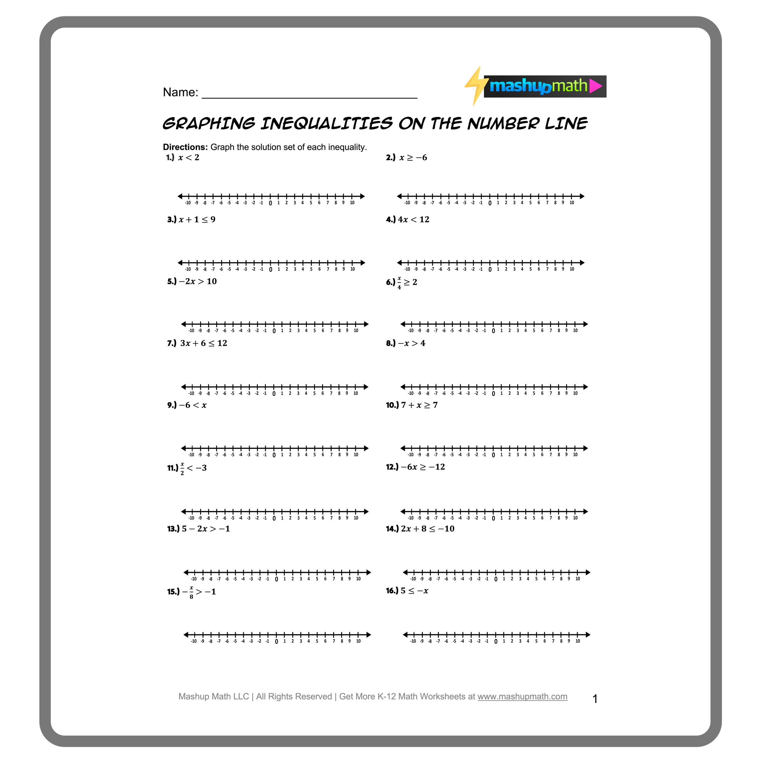 one step inequalities worksheet